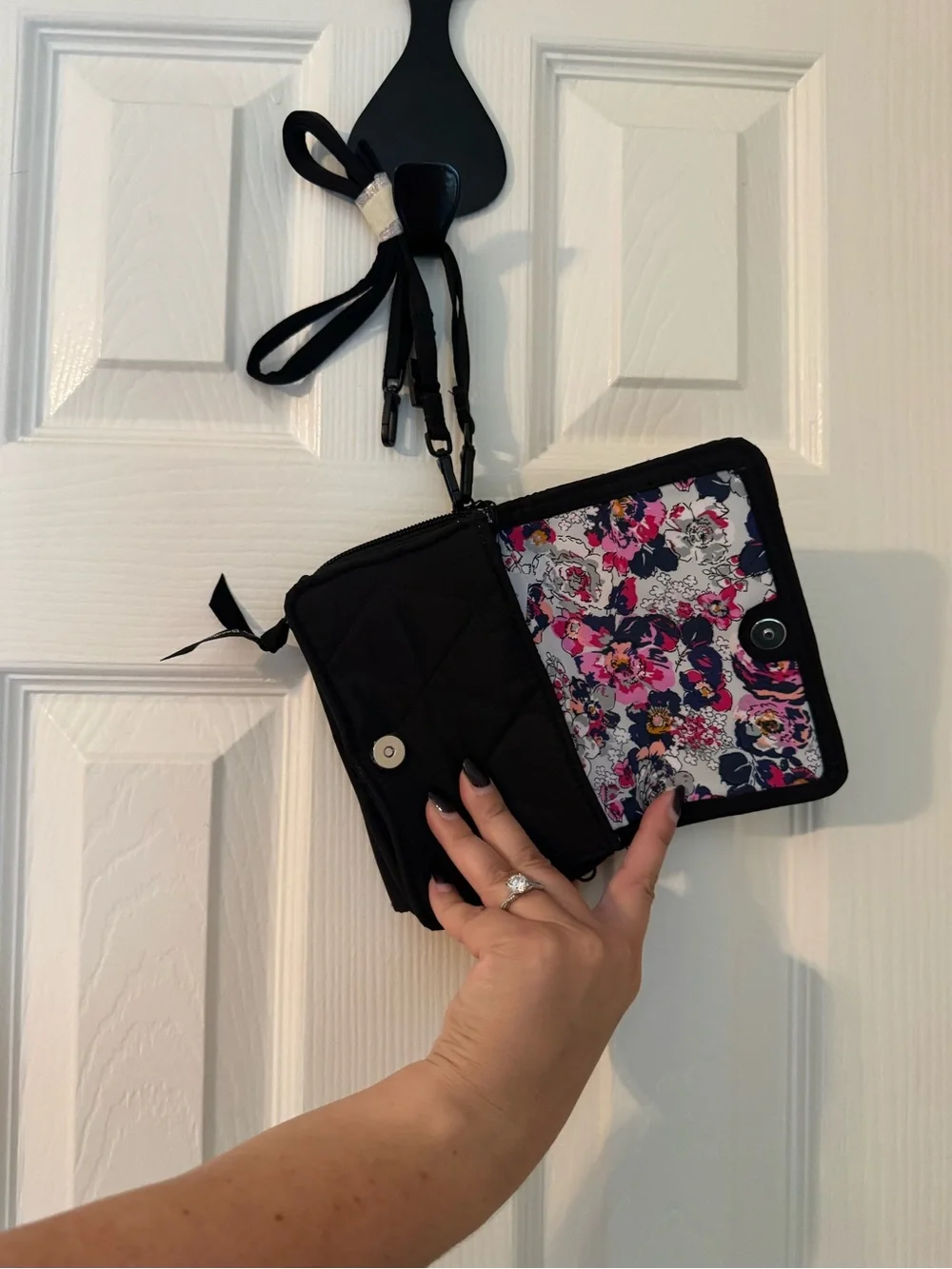 Vera Bradley Black Quilted Crossbody Wallet with Adjustable Strap
